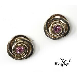 Vintage Coro Signed Pins Matching Pair Swirl w Rhinestone Center 1" - Hey Viv